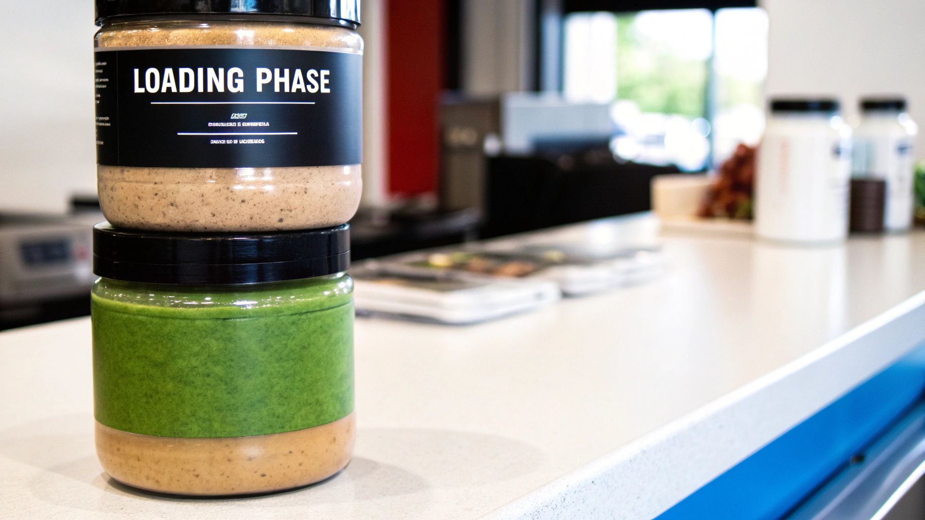 A person mixing creatine powder into a post-workout shake, with fruit and a dumbbell in the background.