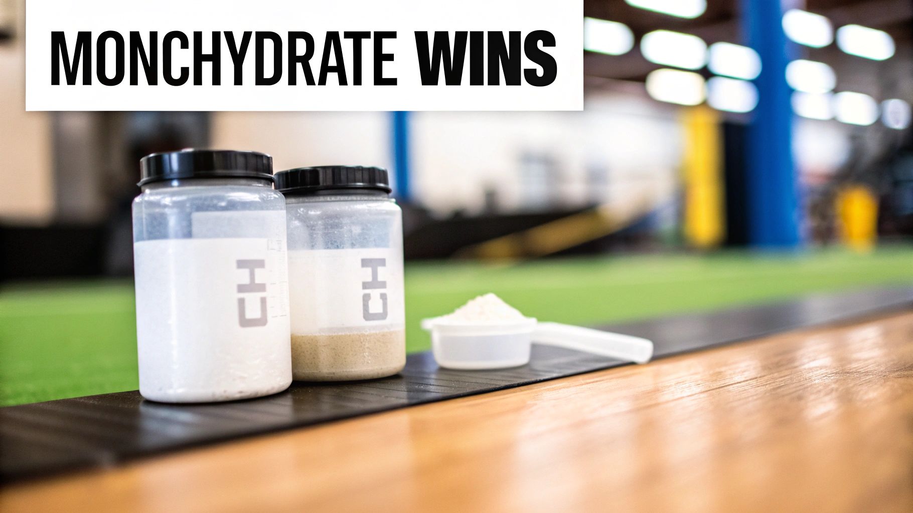Two containers of creatine powder, one labeled Monohydrate and the other HCl, sit side by side on a gym floor with weights in the background.