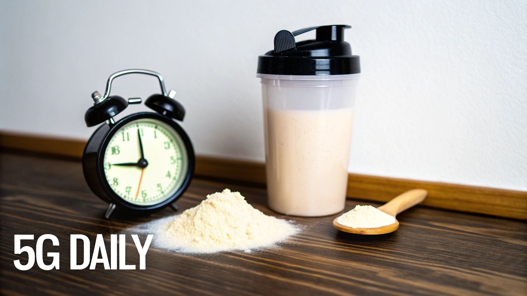 A person preparing a healthy post-workout meal with creatine powder on the counter.