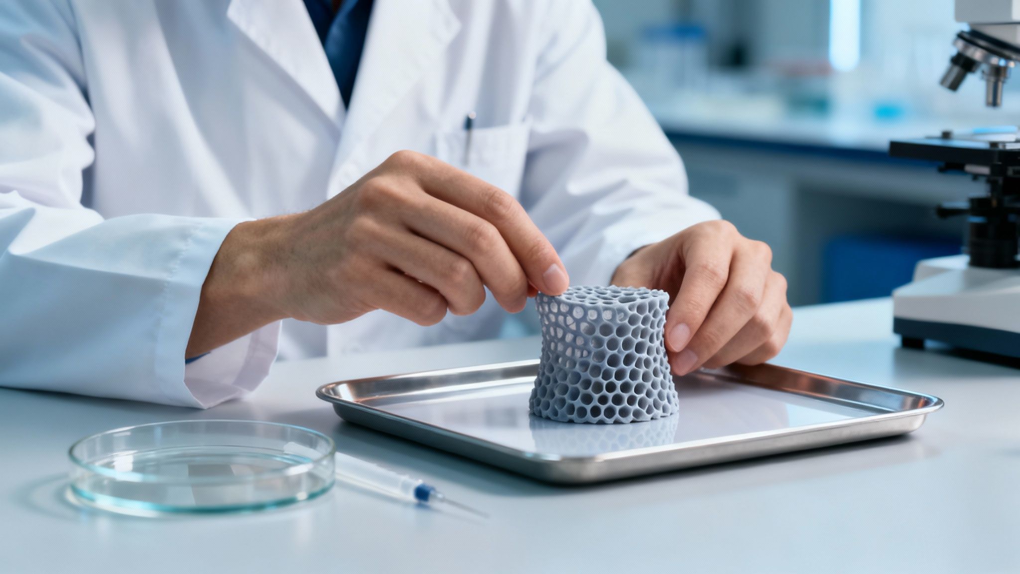Científico en laboratorio examina un andamio 3D con forma de panal para investigación médica.