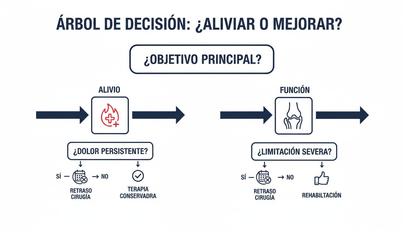 Diagrama de flujo médico: Árbol de decisión sobre alivio del dolor y mejora funcional con opciones de tratamiento.