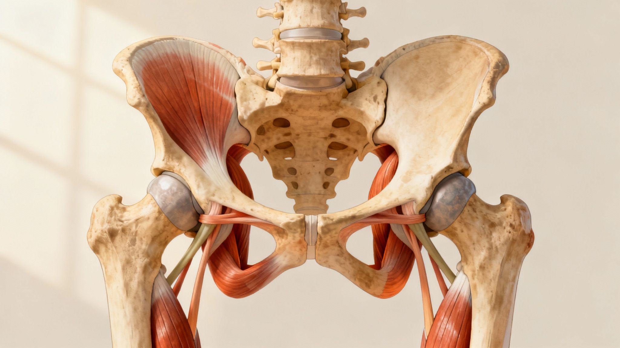 Modelo anatómico detallado de la pelvis humana, columna vertebral y articulaciones de la cadera con músculos.