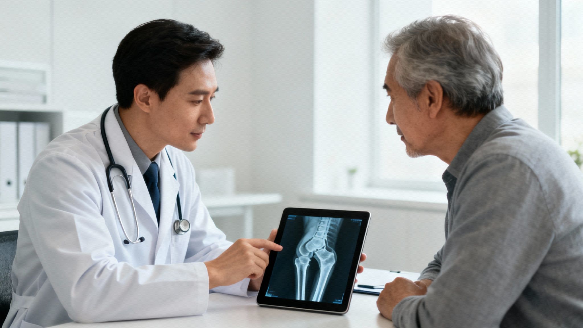 Médico asiático muestra radiografía de codo en una tableta a paciente mayor explicando el tratamiento.