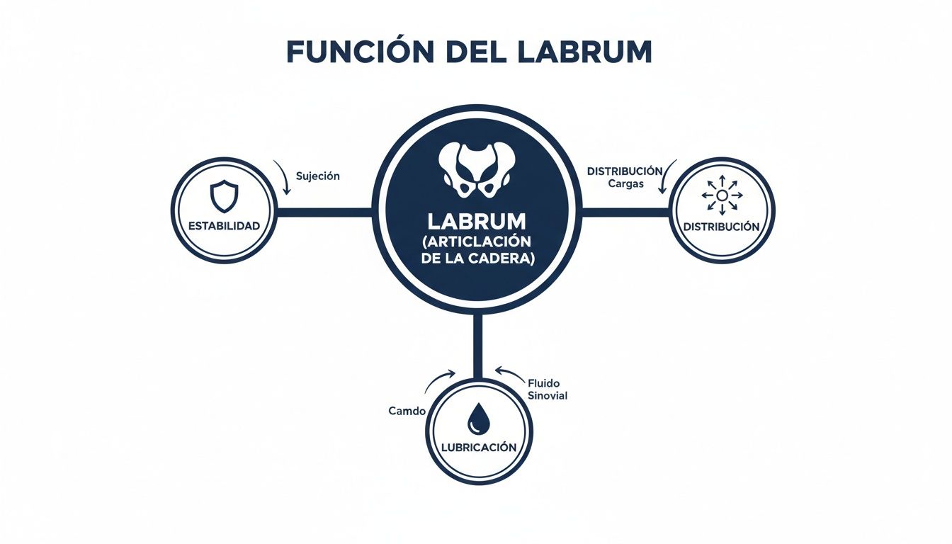 Diagrama que ilustra las funciones clave del labrum de la cadera: estabilidad, distribución de cargas y lubricación.