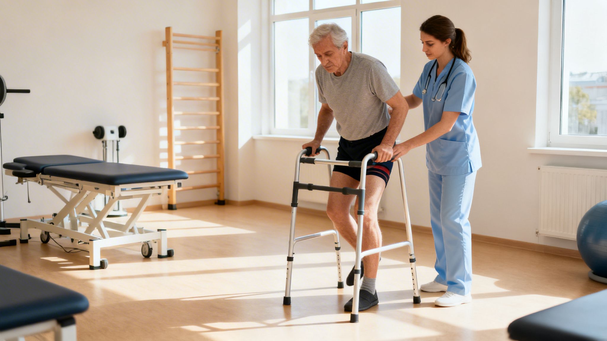 Fisioterapeuta ayuda a un hombre mayor usando un andador en una sala de rehabilitación con luz solar.