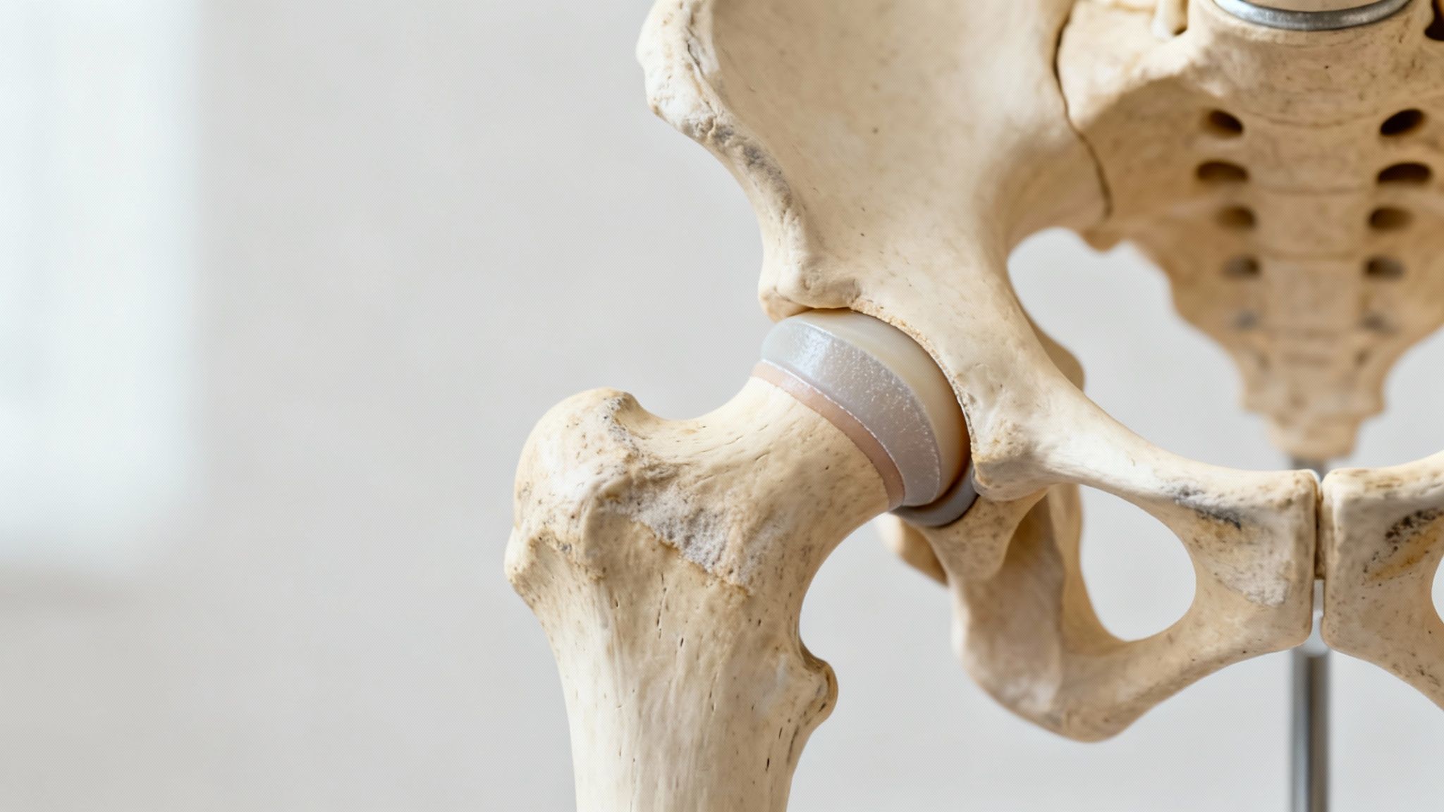 Modelo anatómico de una articulación de cadera con prótesis. Ilustra un reemplazo de cadera.