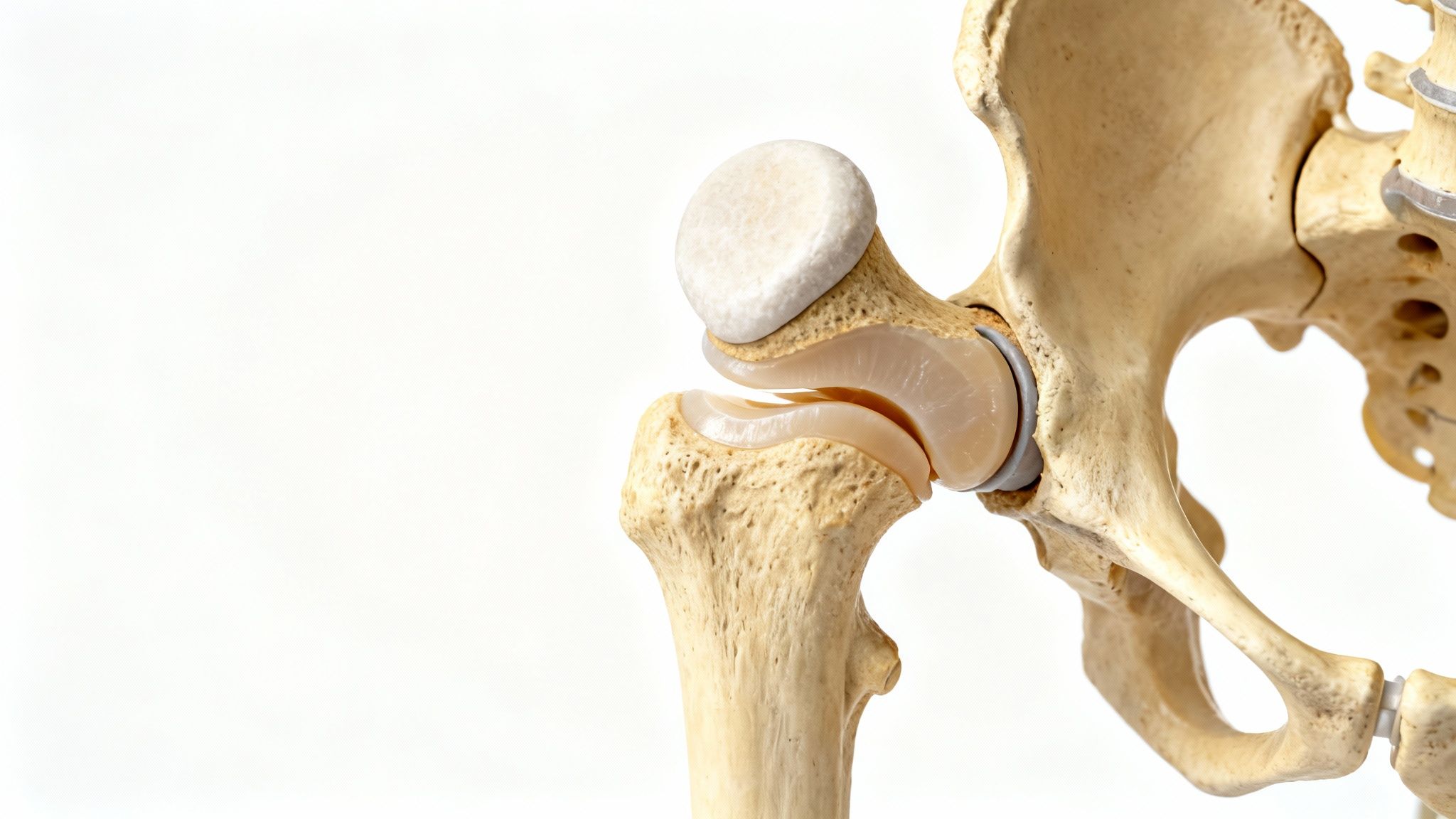Modelo anatómico detallado de la articulación de la cadera humana mostrando hueso y cartílago.