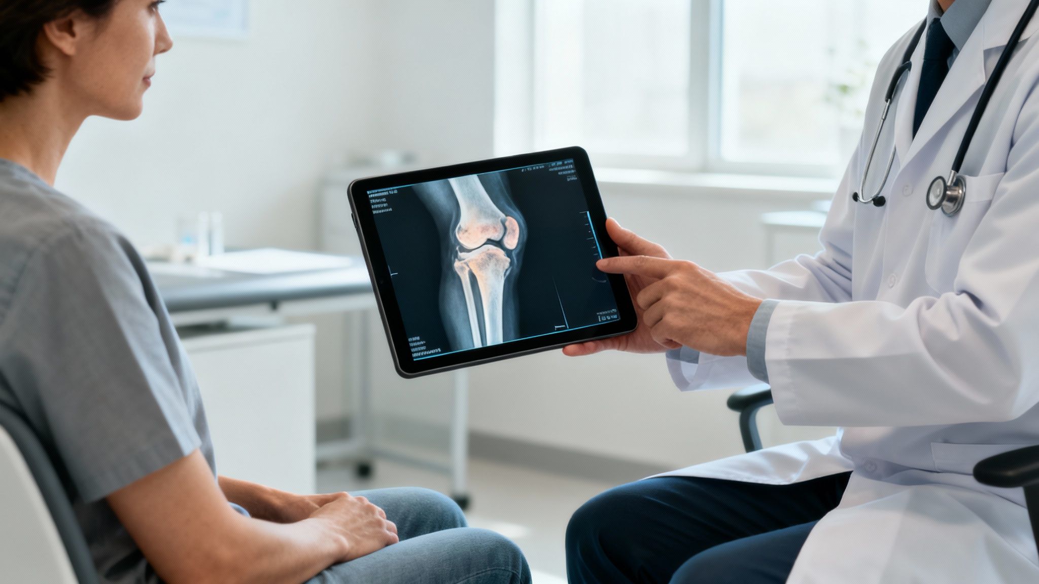 Un médico muestra una radiografía de rodilla en una tablet a una paciente durante una consulta médica.