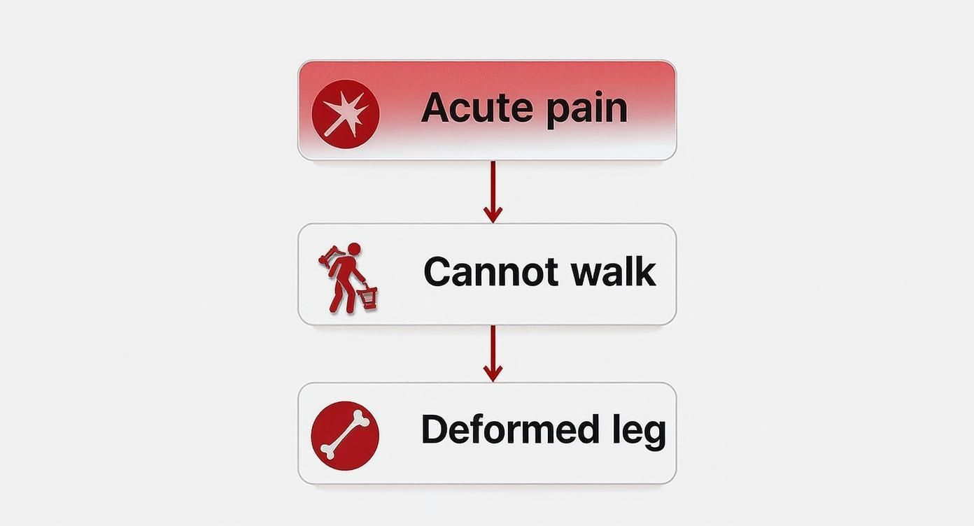 Diagrama de flujo que muestra síntomas de una lesión grave en la pierna: dolor agudo, dificultad para caminar y pierna deformada.