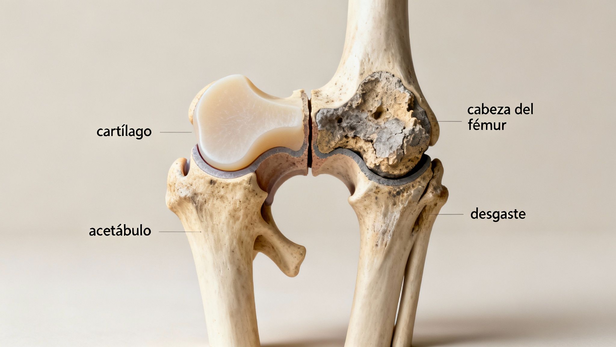 Modelo de cadera mostrando una articulación sana y otra con artrosis avanzada, con desgaste del cartílago y hueso.