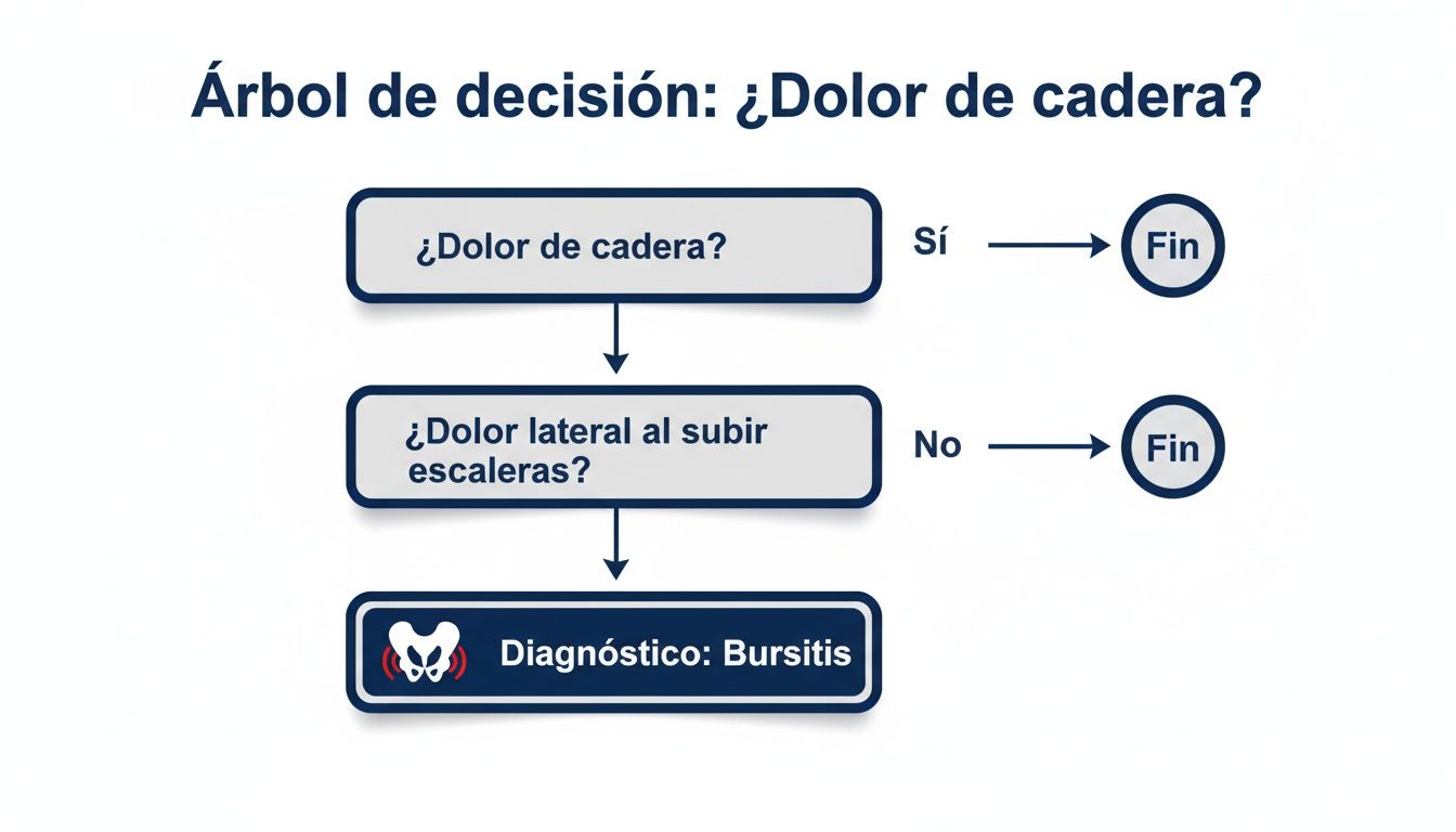 Árbol de decisión sobre el dolor de cadera, diagnosticando bursitis si hay dolor lateral al subir escaleras.