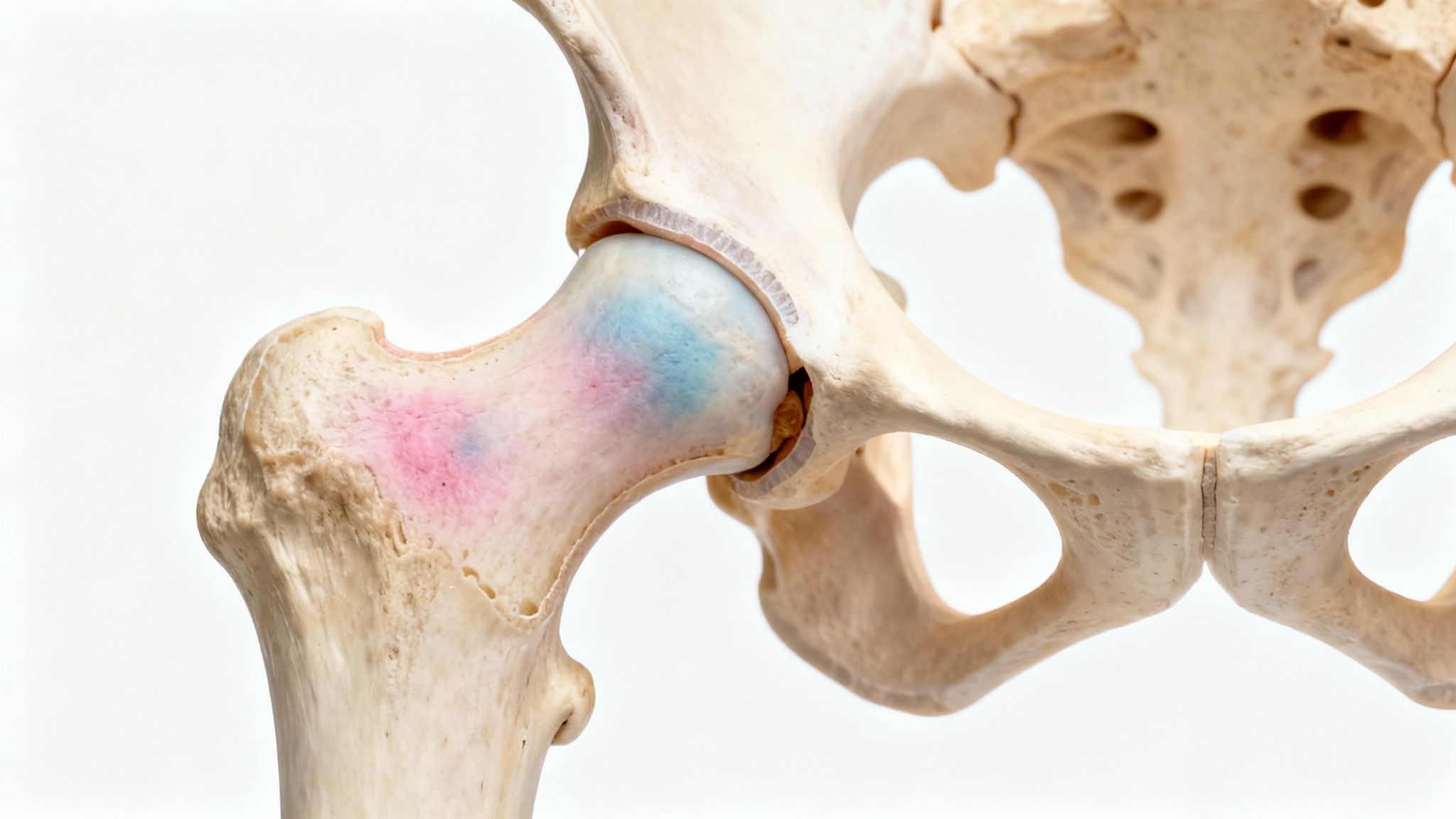 Modelo anatómico de la articulación de la cadera con áreas rojas y azules que indican inflamación o edema óseo.