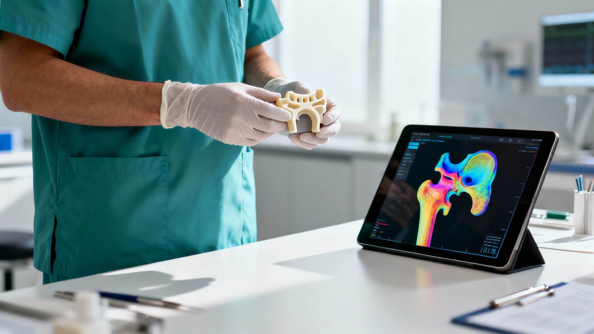 Doctor con guantes sostiene un modelo de hueso impreso en 3D, con una tablet mostrando un escaneo de cadera a color.