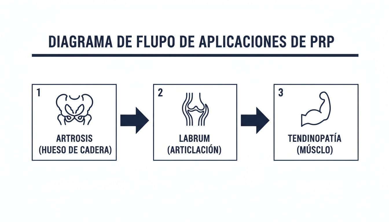 Diagrama de flujo de aplicaciones de PRP para artrosis de cadera, labrum articular y tendinopatía muscular.