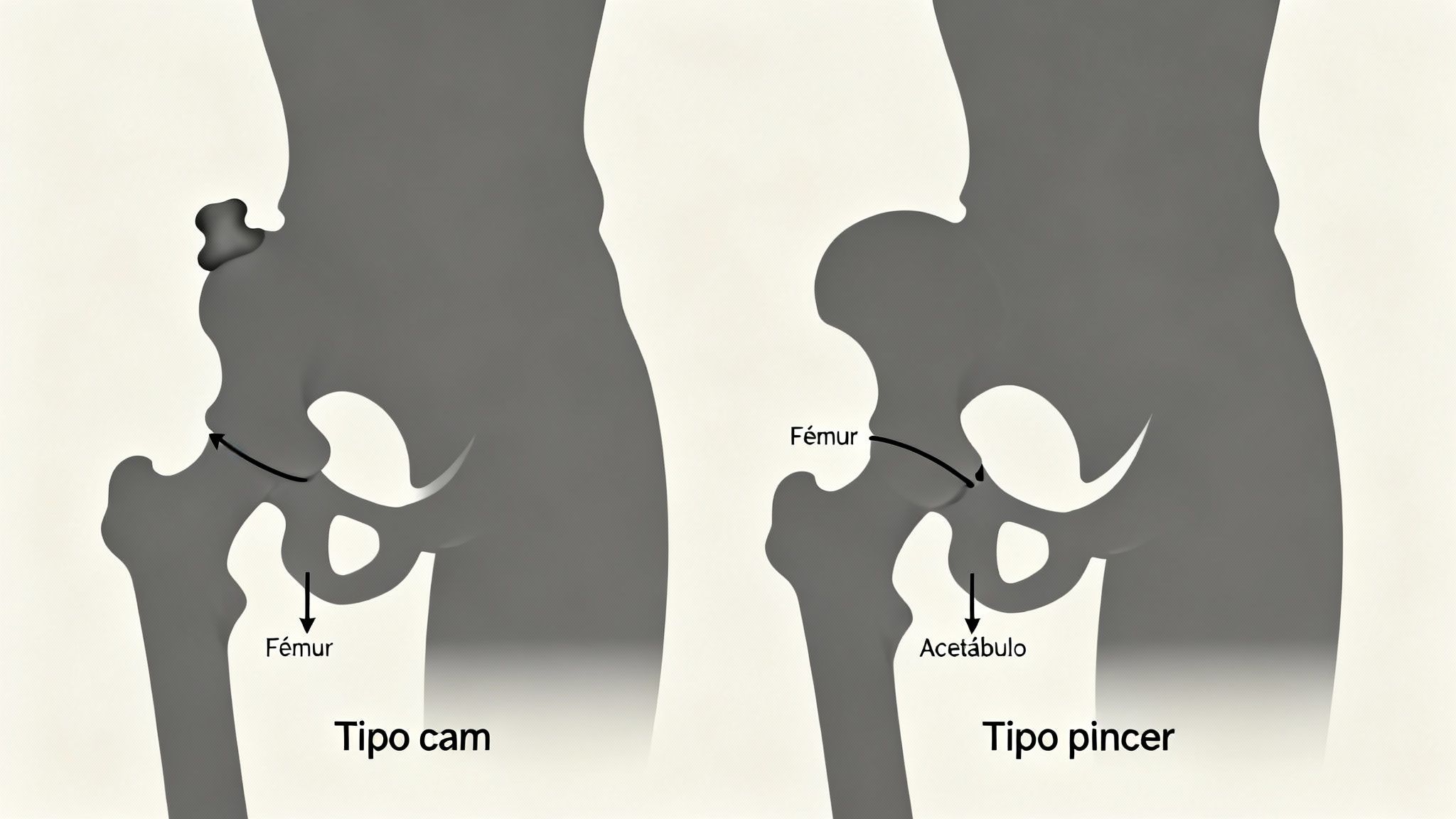 Dos diagramas de cadera que ilustran el choque femoroacetabular: tipo CAM (fémur) y tipo PINCER (acetábulo).