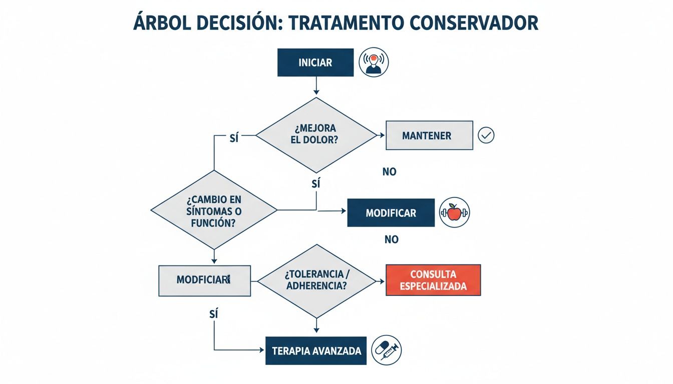 Diagrama de flujo de árbol de decisión para el tratamiento conservador del dolor y la función.