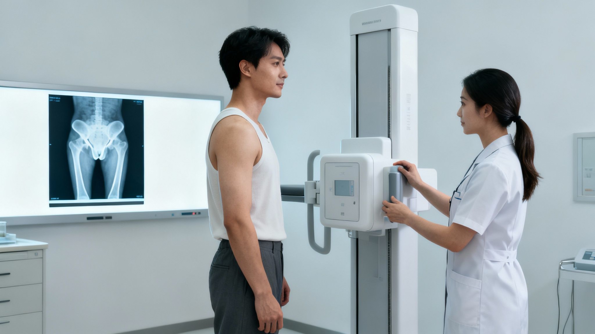 Una profesional médica asiste a un hombre para una radiografía, con una imagen de rayos X de cadera visible.