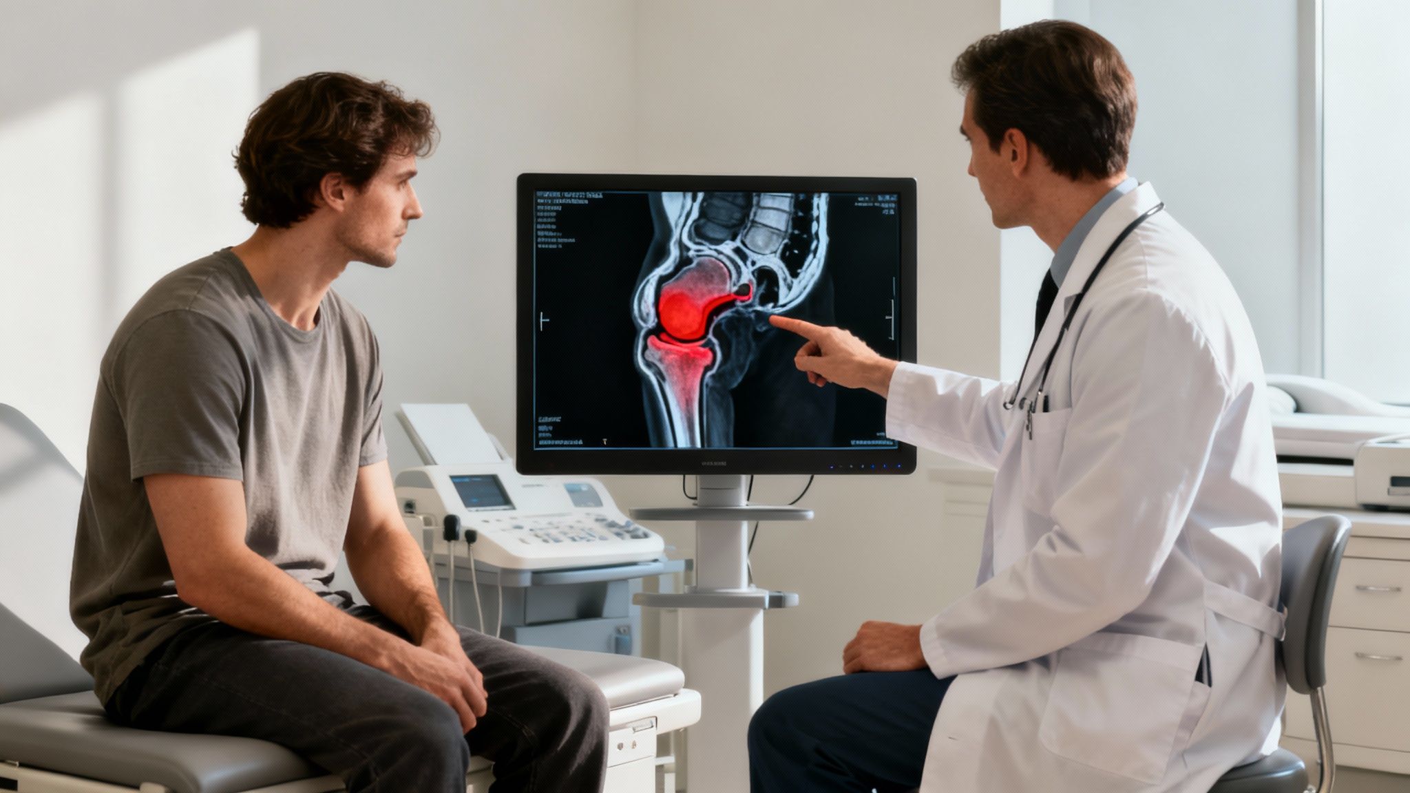 Médico explica resonancia magnética de rodilla con área roja destacada a paciente masculino.