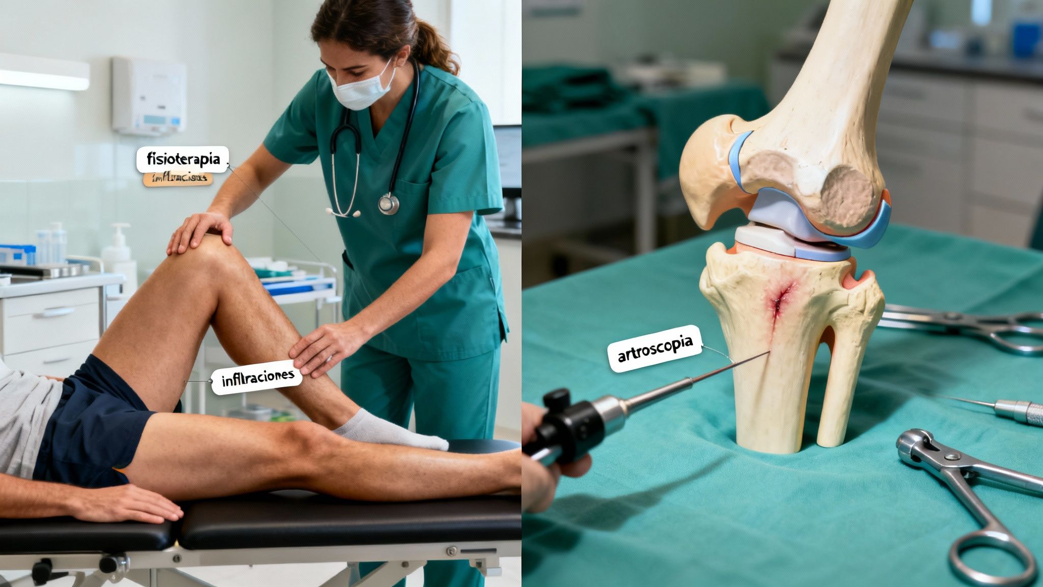 Imagen dividida mostrando fisioterapia e infiltraciones en una rodilla real y artroscopia en un modelo anatómico.