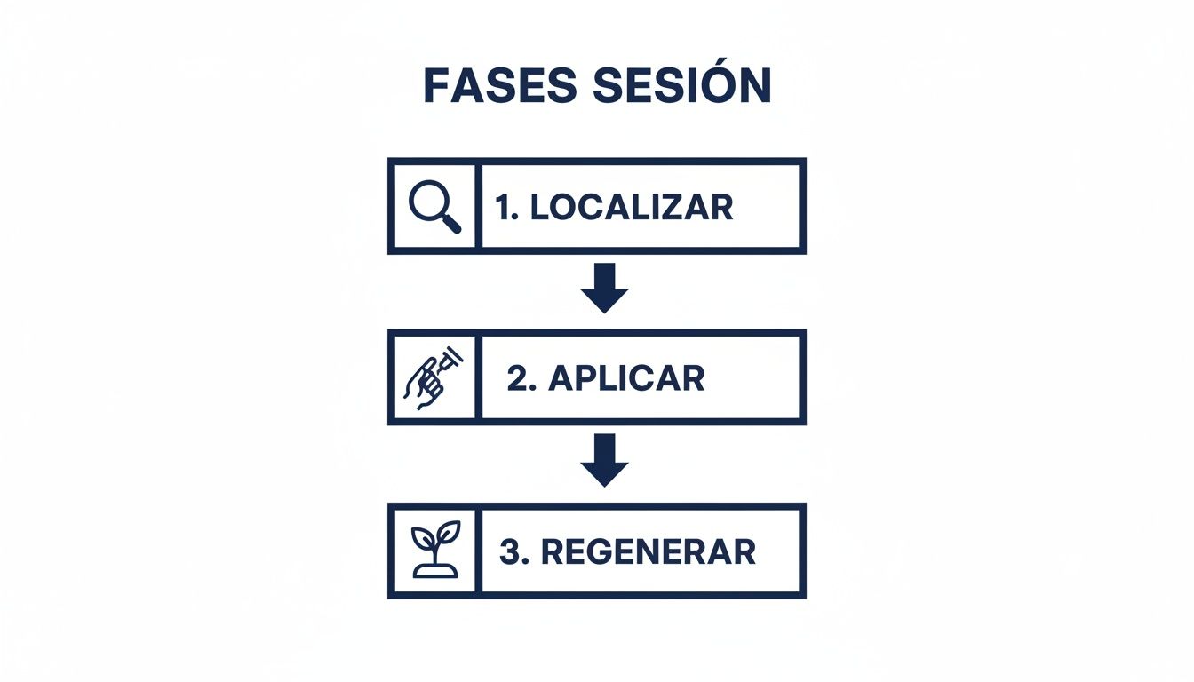 Diagrama de flujo que muestra las tres fases de una sesión: localizar, aplicar y regenerar, con iconos.