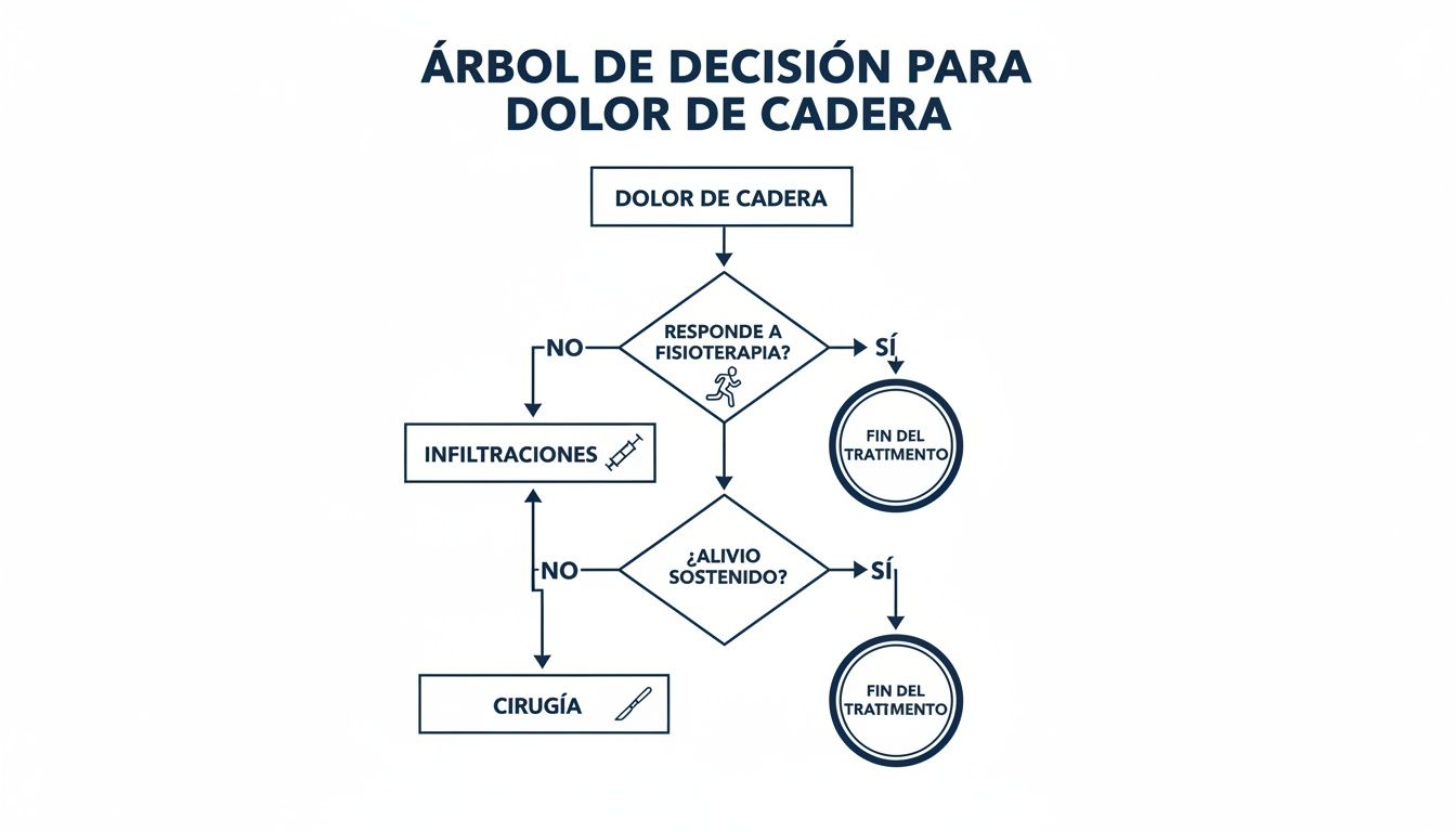 Diagrama de árbol de decisión para el tratamiento del dolor de cadera, mostrando opciones desde fisioterapia hasta cirugía.