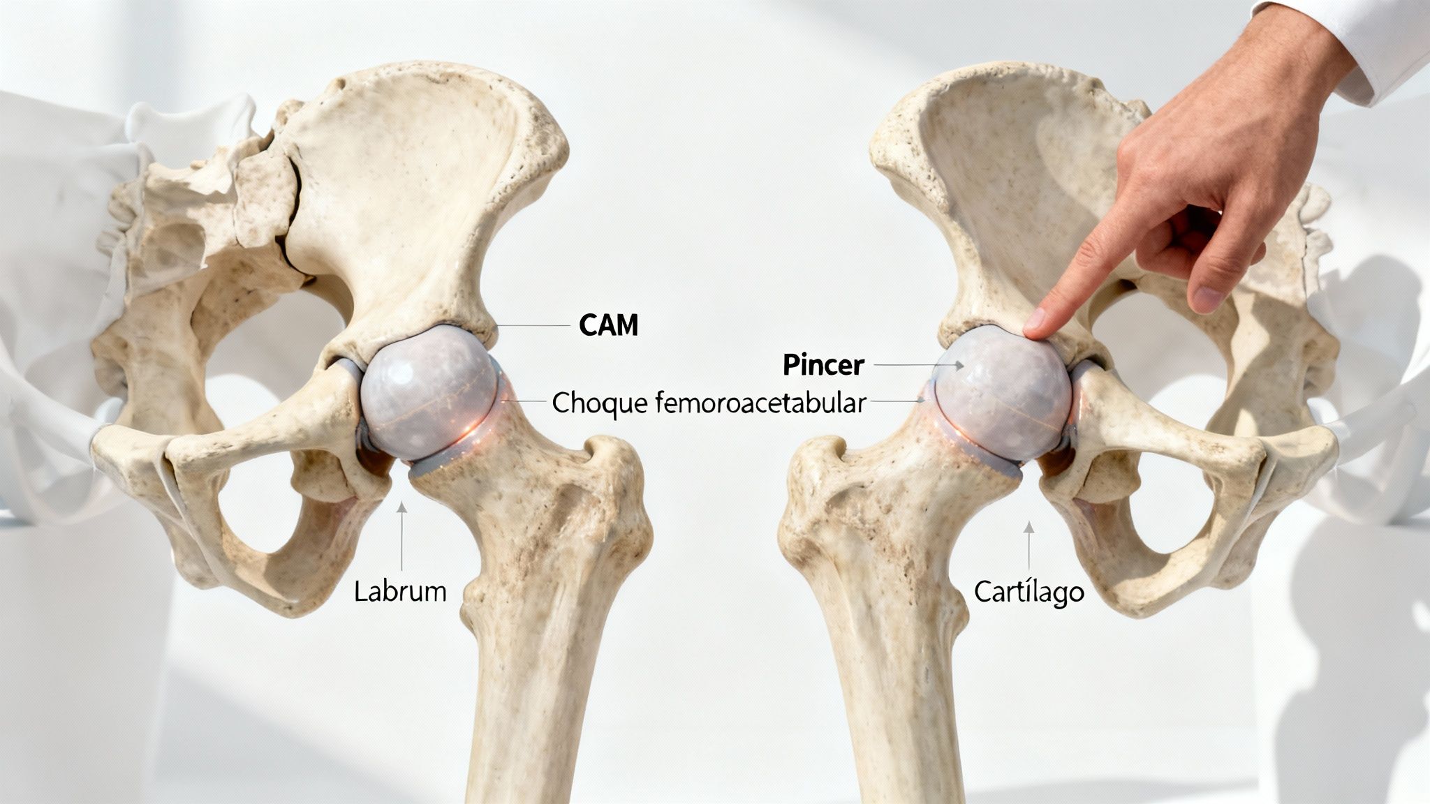 Modelos anatómicos de la articulación de la cadera, mostrando pinzamiento femoroacetabular tipo CAM y Pincer con un puntero.