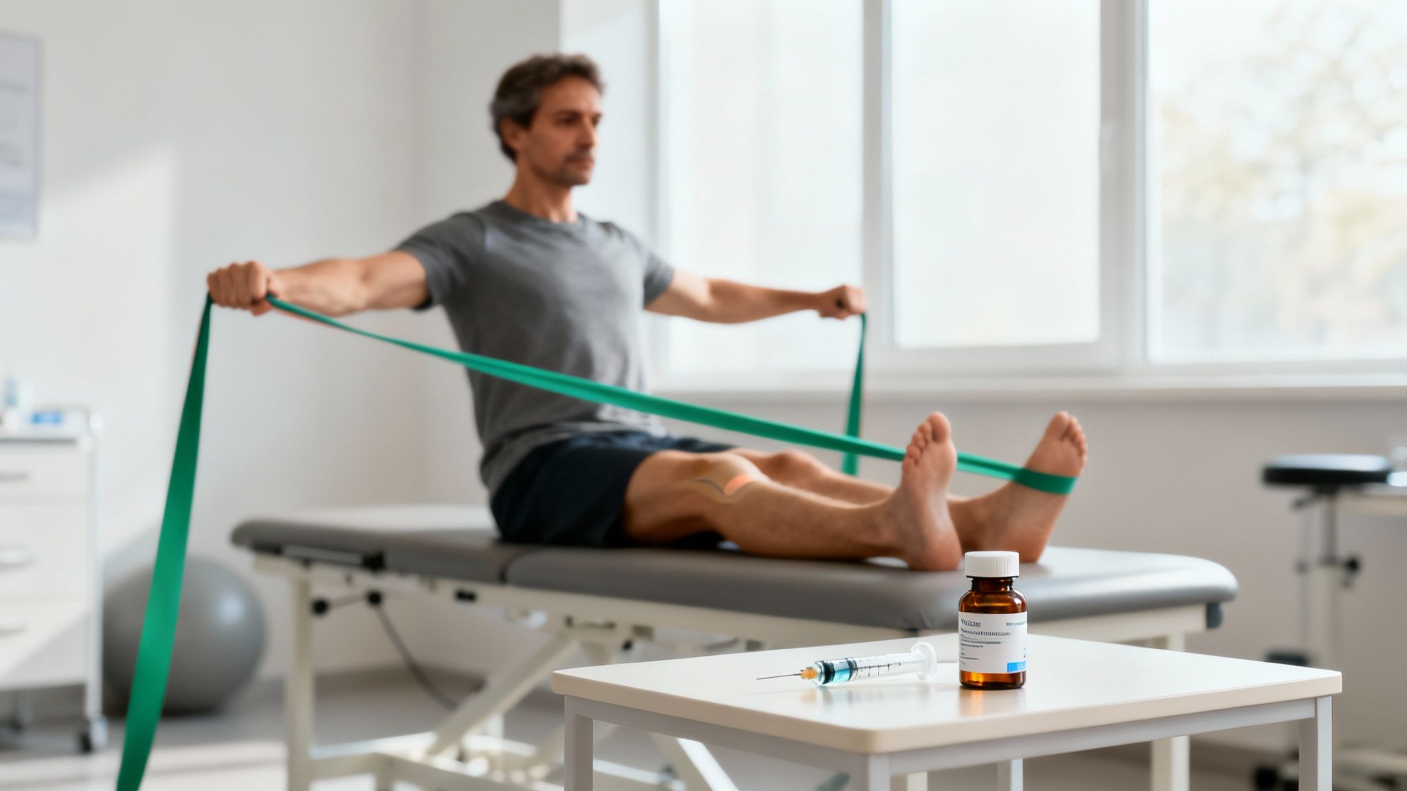 Hombre en fisioterapia con banda de resistencia en clínica, con jeringa y medicamento en primer plano.