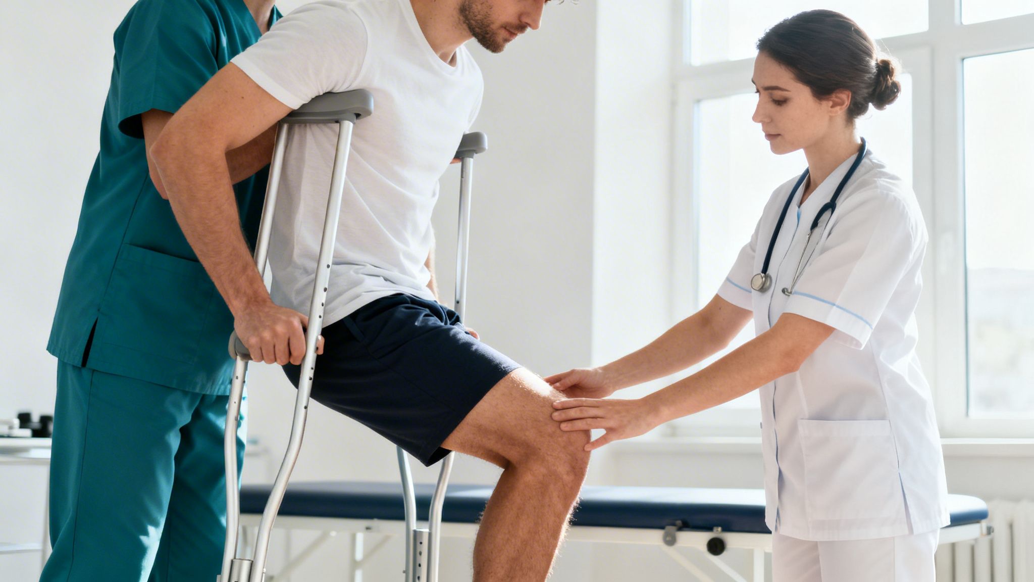 Paciente masculino con muletas siendo asistido por un enfermero y una fisioterapeuta durante la rehabilitación de su rodilla en una clínica.