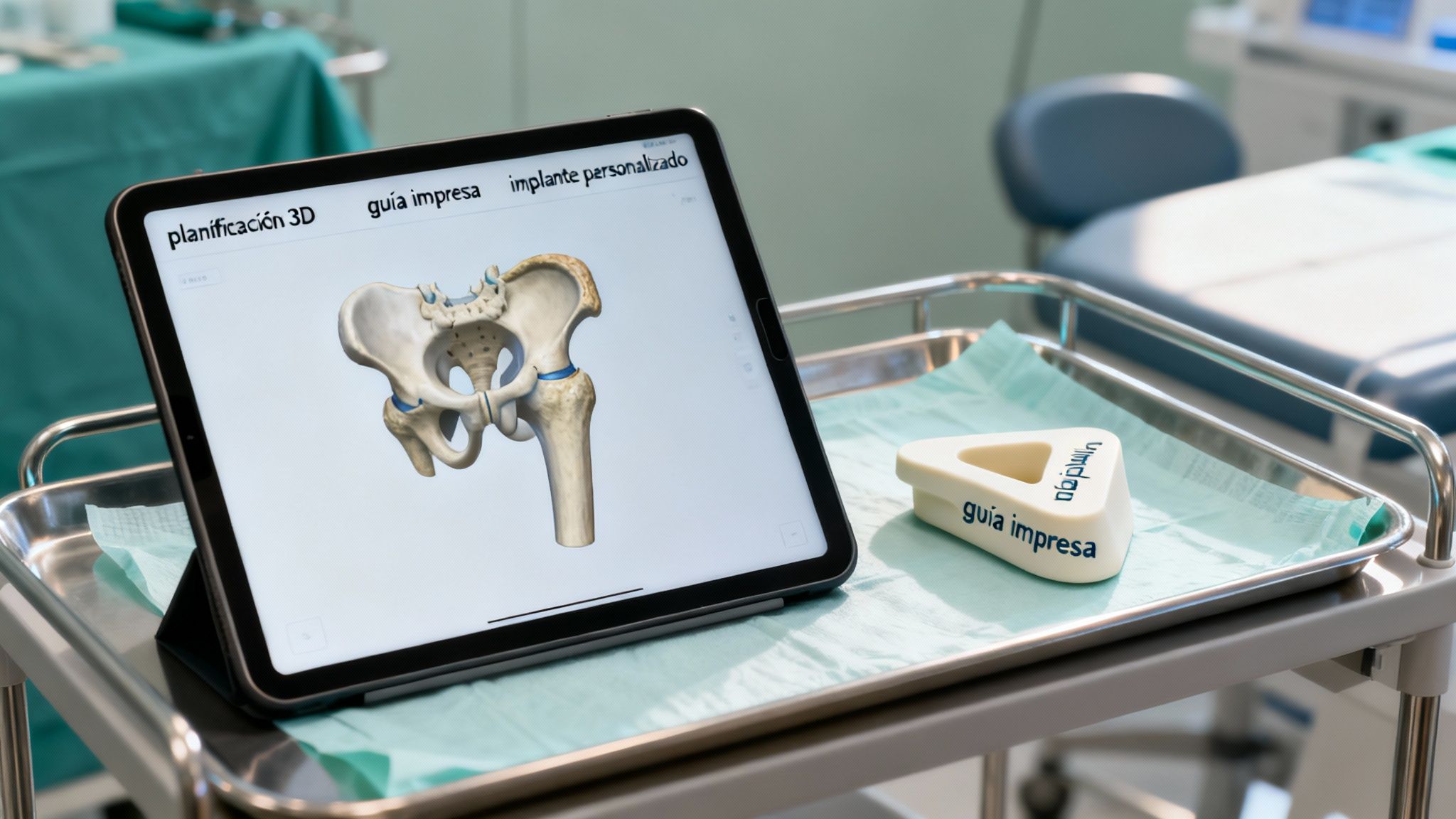 Tablet mostrando planificación 3D de cadera con artrosis y guía quirúrgica impresa en bandeja médica.