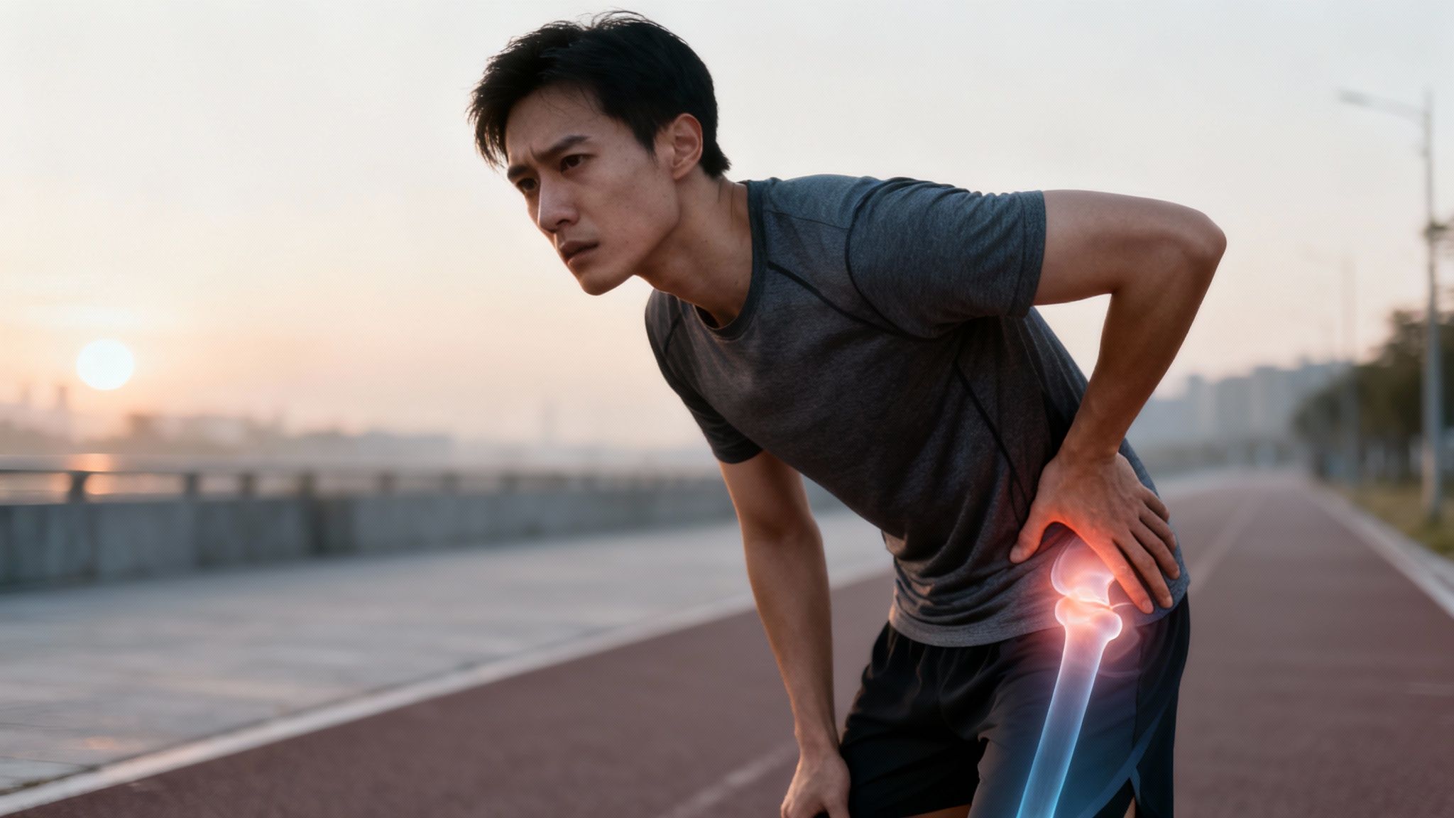 Hombre sufre de dolor en la cadera mientras corre al atardecer en una pista.