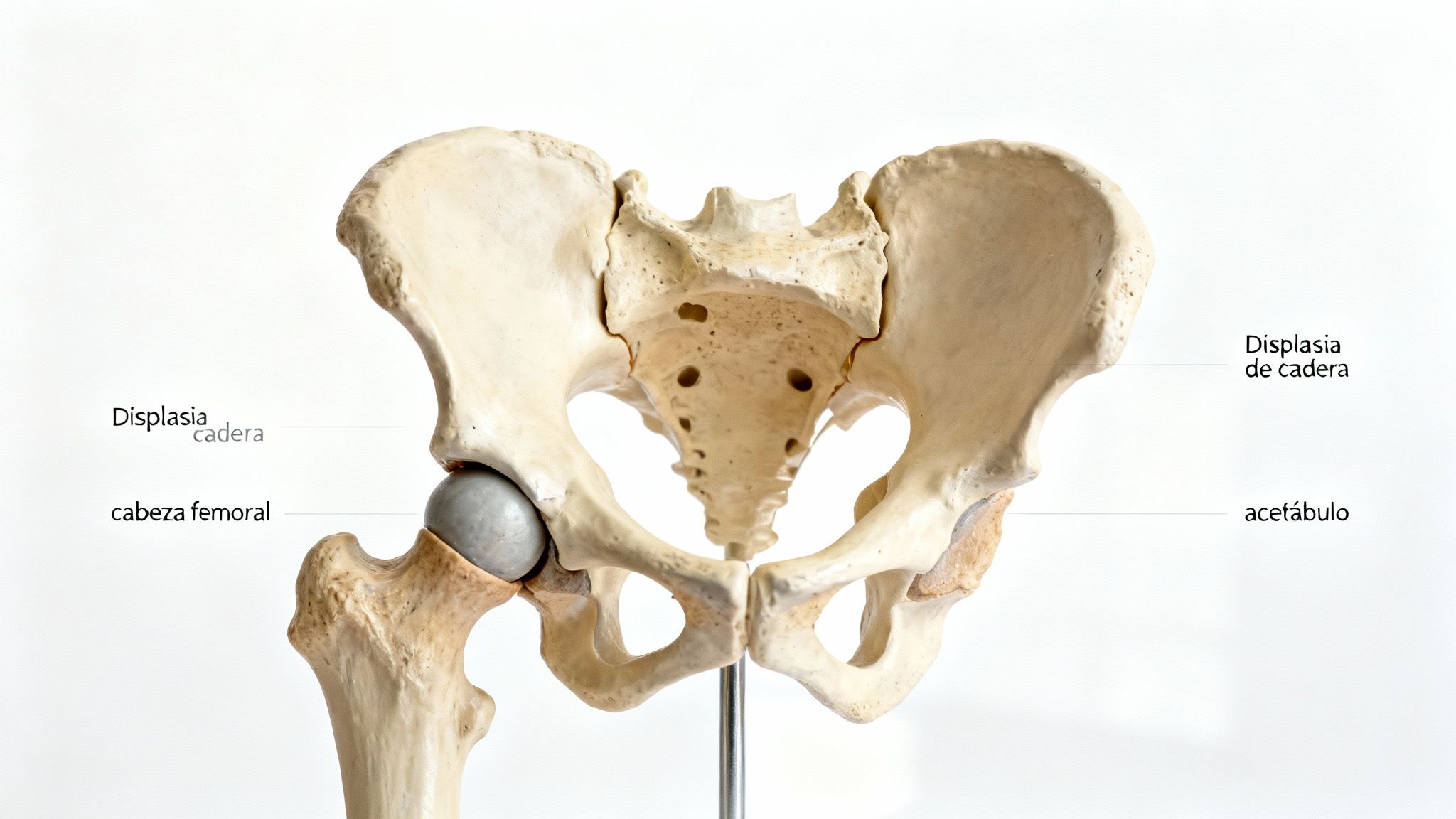 Modelo anatómico de pelvis y fémur ilustrando displasia de cadera con etiquetas explicativas.