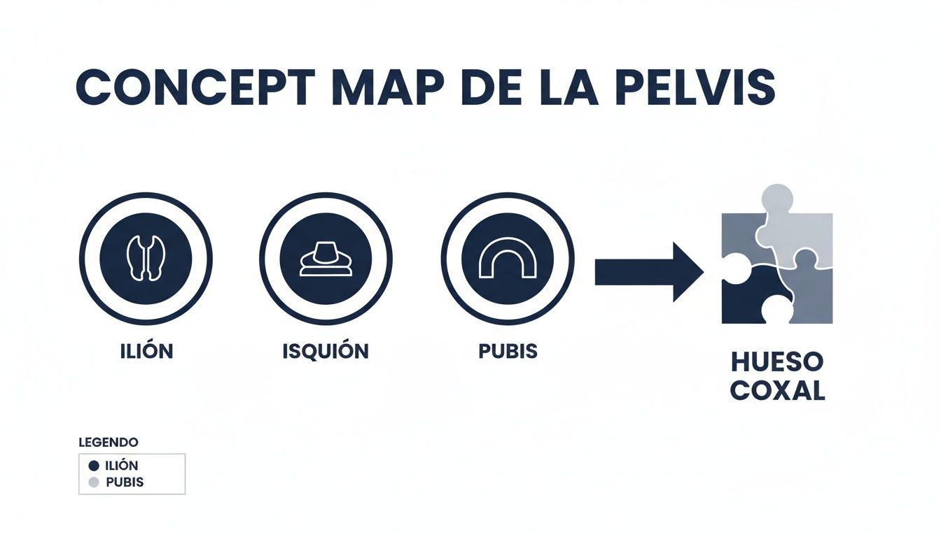 Mapa conceptual que ilustra la formación del hueso coxal a partir del ilion, isquion y pubis, con leyenda.