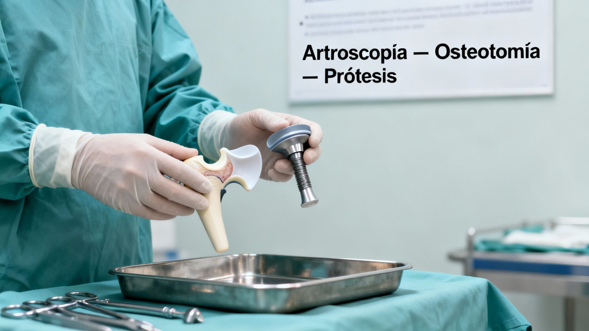Cirujano con guantes explica artroscopia, osteotomía y prótesis con modelo de hueso e implante.