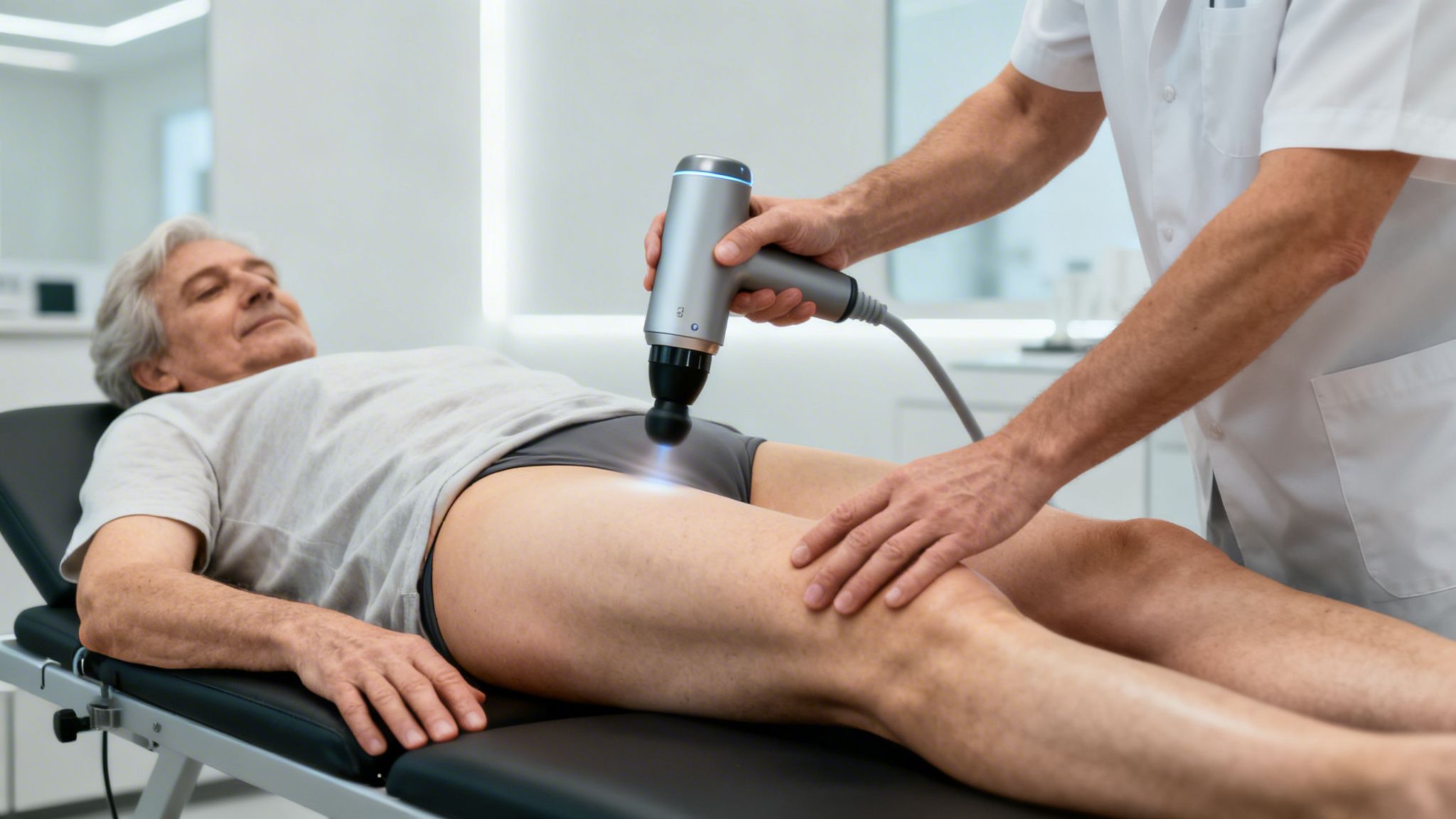 Un fisioterapeuta aplica terapia de ondas de choque en la cadera de un hombre mayor para aliviar el dolor.