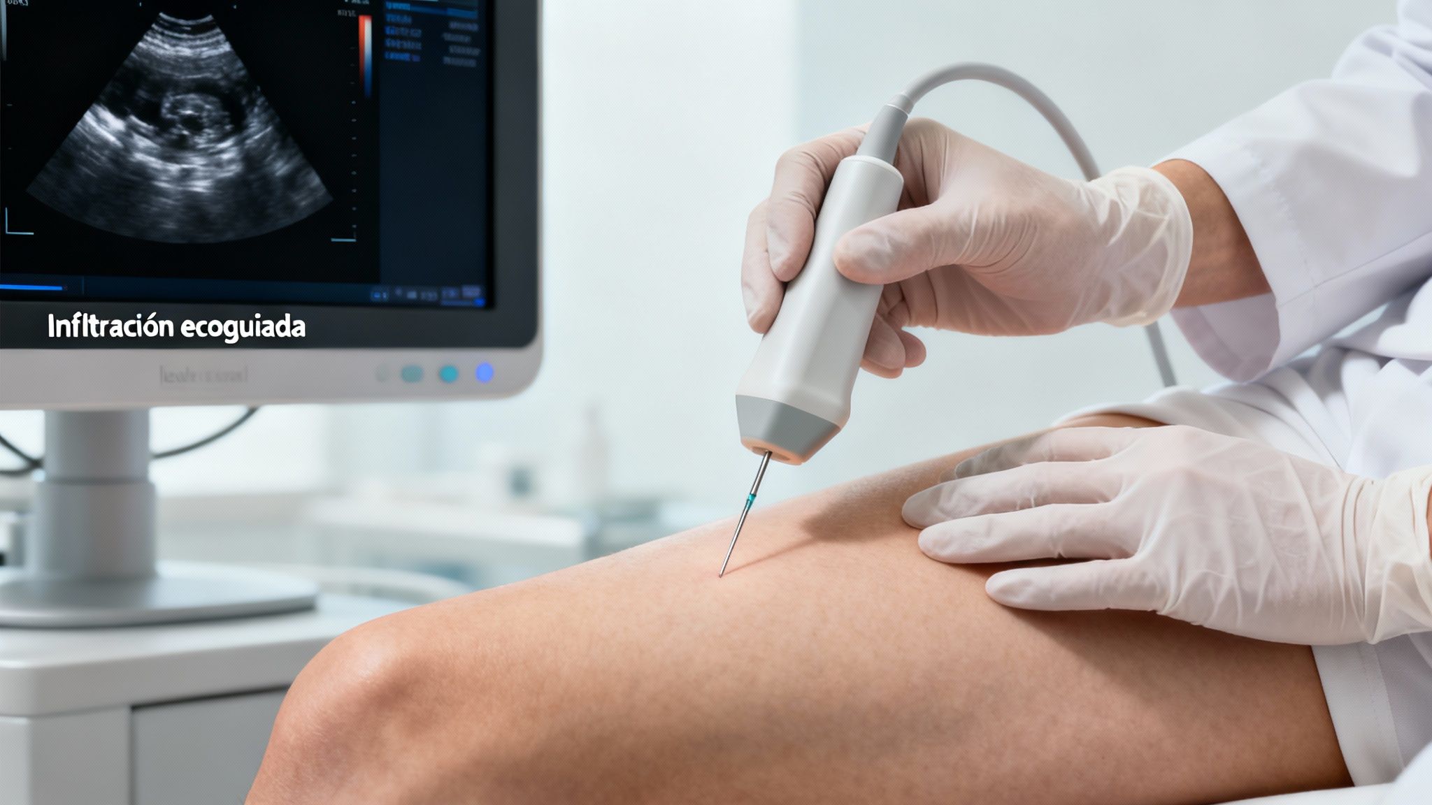 Médico realiza una infiltración ecoguiada en la pierna de un paciente, con la imagen de ultrasonido en pantalla.