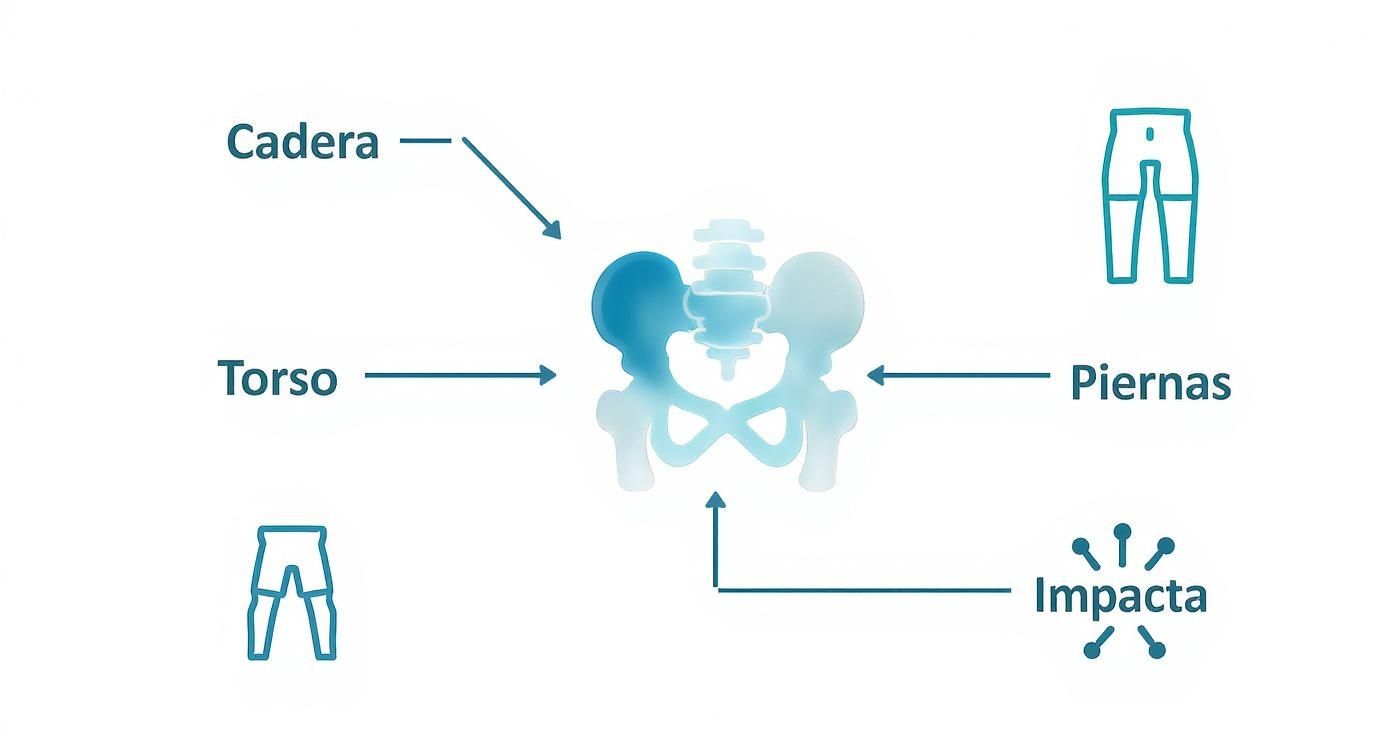 Diagrama del esqueleto de la pelvis mostrando su conexión con la cadera, torso y piernas, y su impacto.
