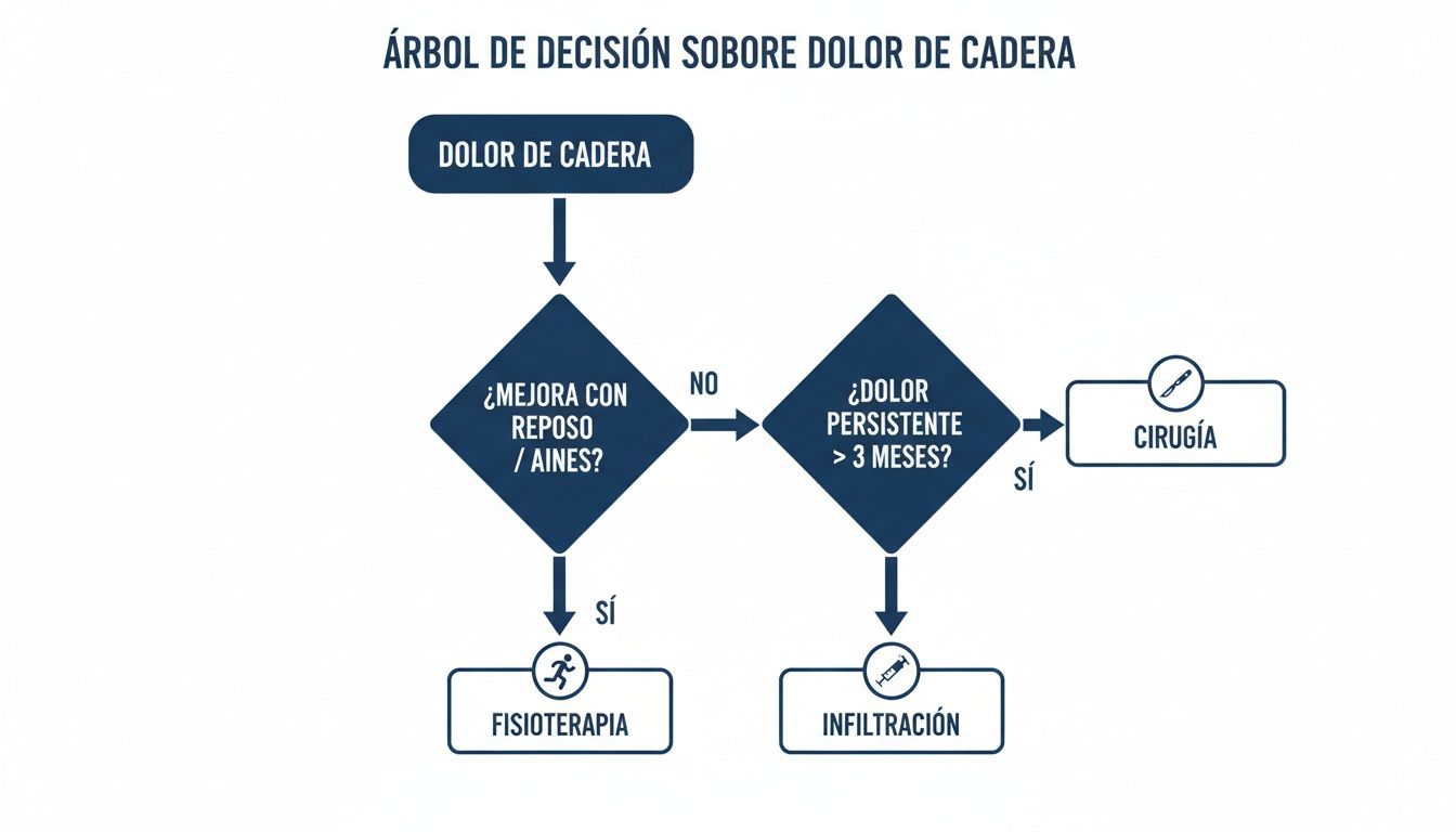 Árbol de decisión sobre el dolor de cadera, mostrando tratamientos como fisioterapia, infiltración y cirugía.