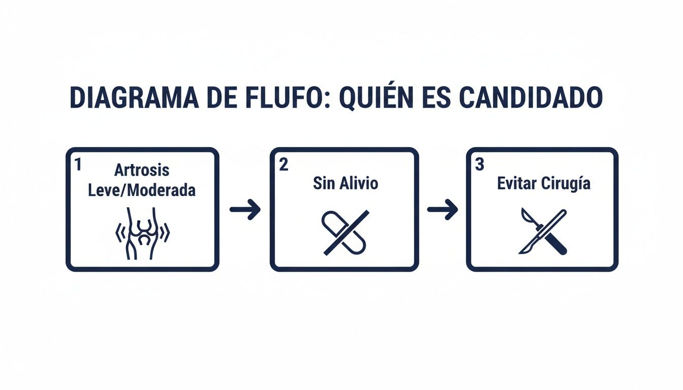 Diagrama de flujo mostrando el proceso para identificar candidatos con artrosis leve/moderada que buscan evitar cirugía.