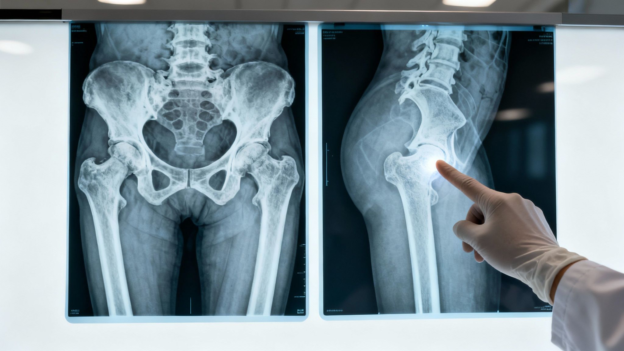 Radiografías de cadera mostrando articulaciones y huesos pélvicos. Un médico señala una articulación con un guante.