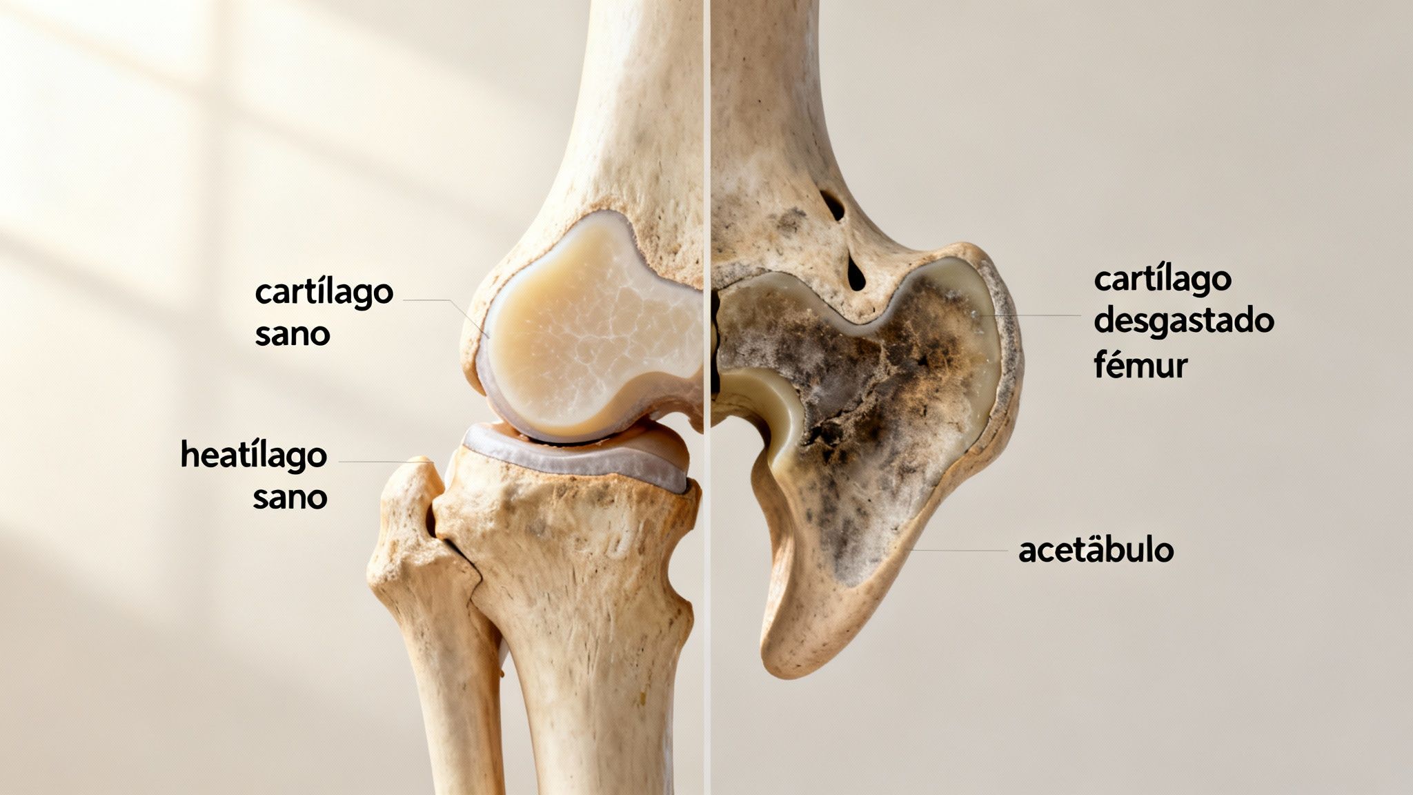 Comparación de articulaciones, mostrando cartílago sano en rodilla y cartílago desgastado en cadera.
