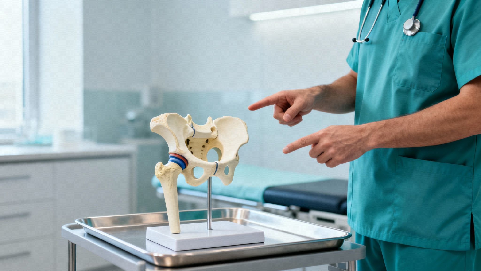 Médico señalando un modelo anatómico de cadera en una clínica, explicando la regeneración del cartílago.