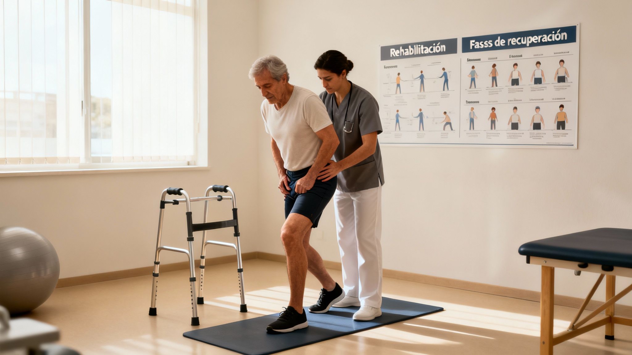 Un fisioterapeuta ayuda a un anciano a hacer ejercicios de rehabilitación de cadera con un andador.