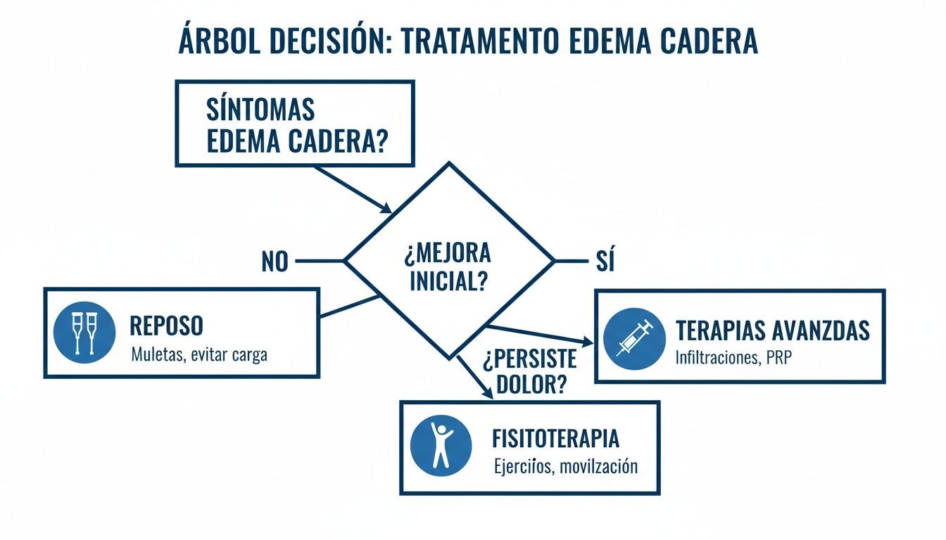 Diagrama de flujo para el tratamiento del edema de cadera, con opciones de reposo, fisioterapia y terapias avanzadas.