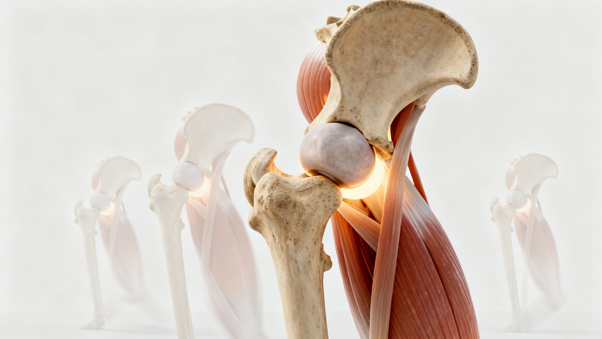 Ilustración 3D detallada de la articulación de la cadera humana, mostrando huesos, músculos y un brillo indicando dolor.