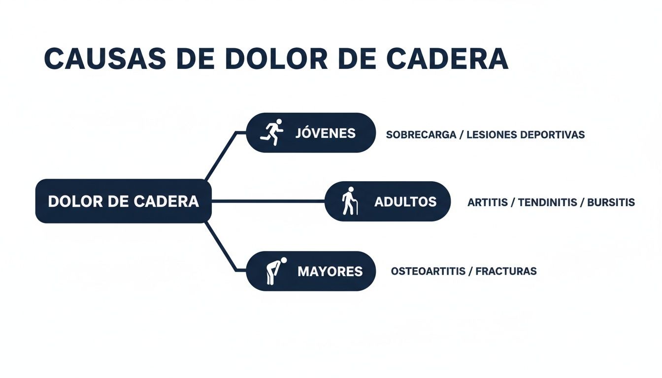 Diagrama que muestra las causas del dolor de cadera, categorizadas por edad en jóvenes, adultos y mayores.