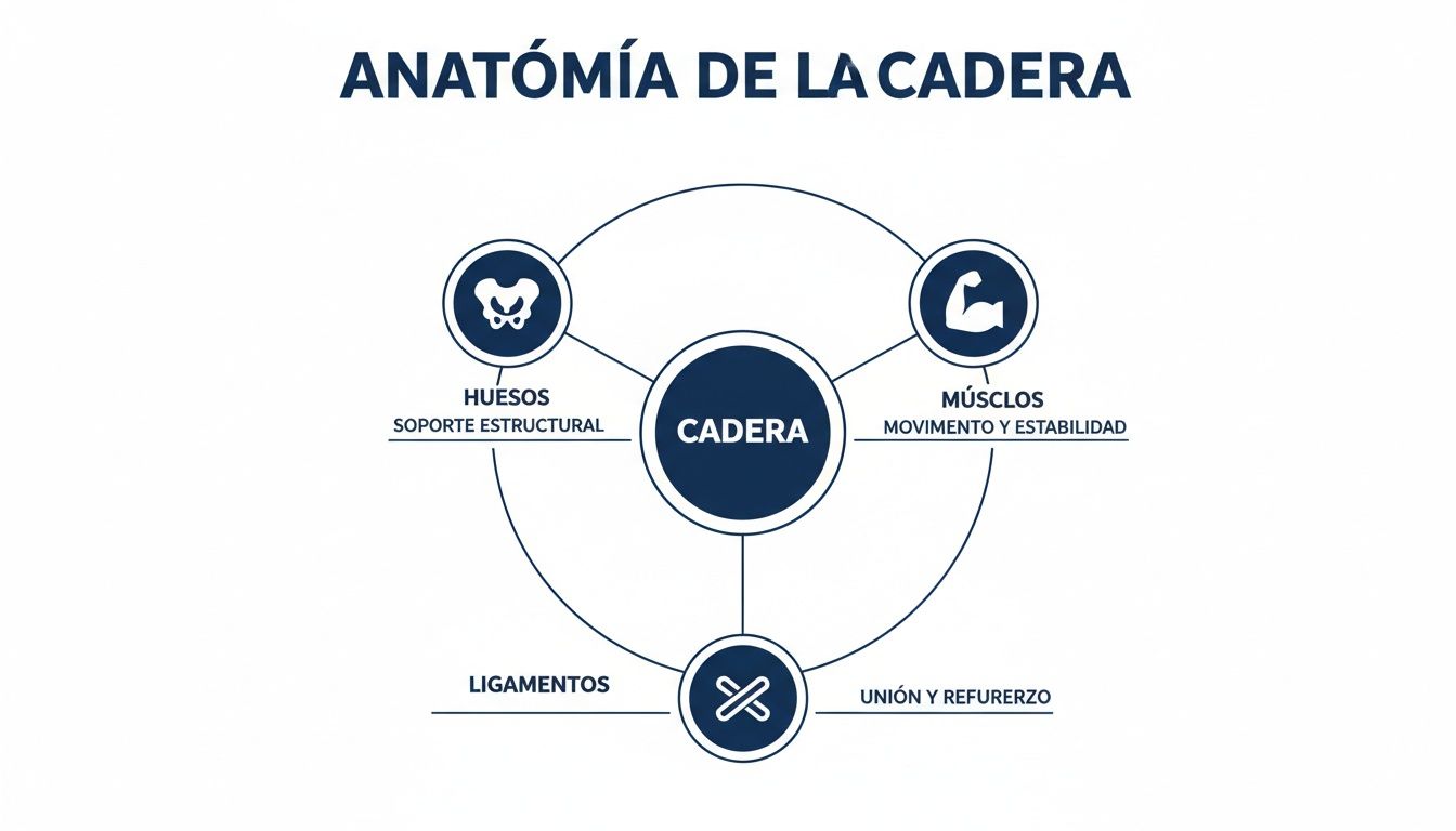 Diagrama conceptual de la anatomía de la cadera, mostrando huesos (soporte), músculos (movimiento) y ligamentos (unión).