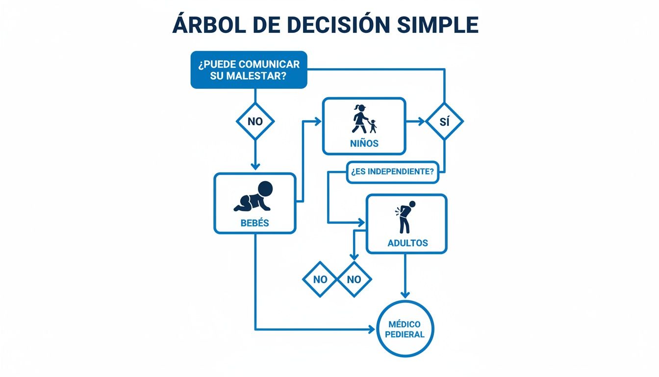 Árbol de decisión simple en español mostrando caminos para bebés, niños y adultos hacia un médico pedieral.