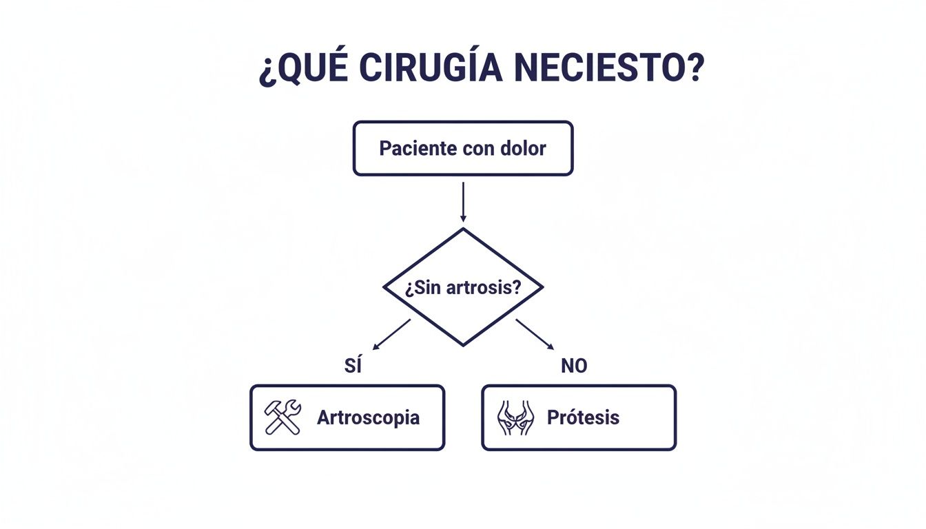 Diagrama de flujo de cirugía. Paciente con dolor: ¿Sin artrosis? Sí: Artroscopia. No: Prótesis.
