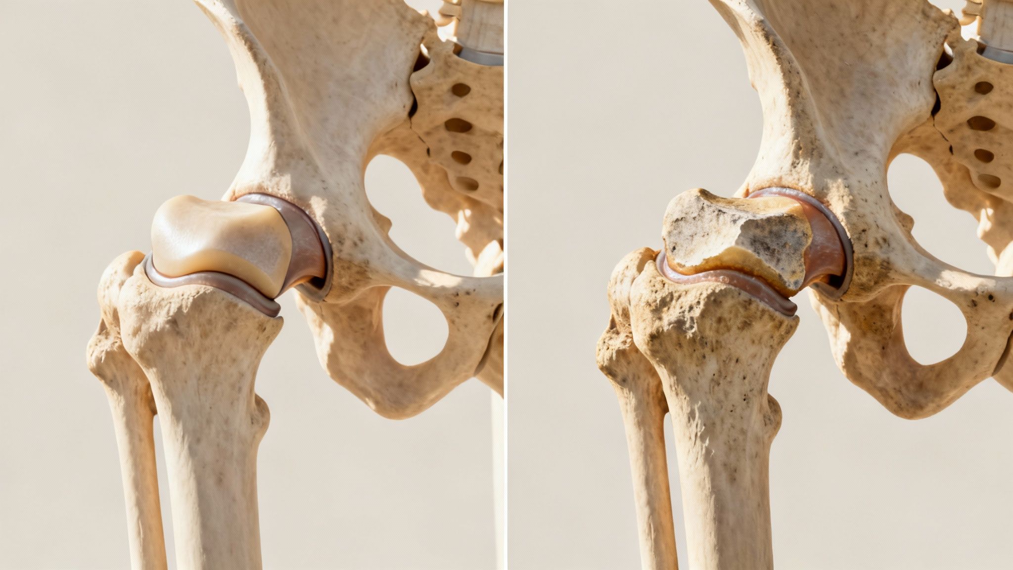 Dos modelos de cadera, uno sano y otro con osteoartritis, mostrando el desgaste articular.
