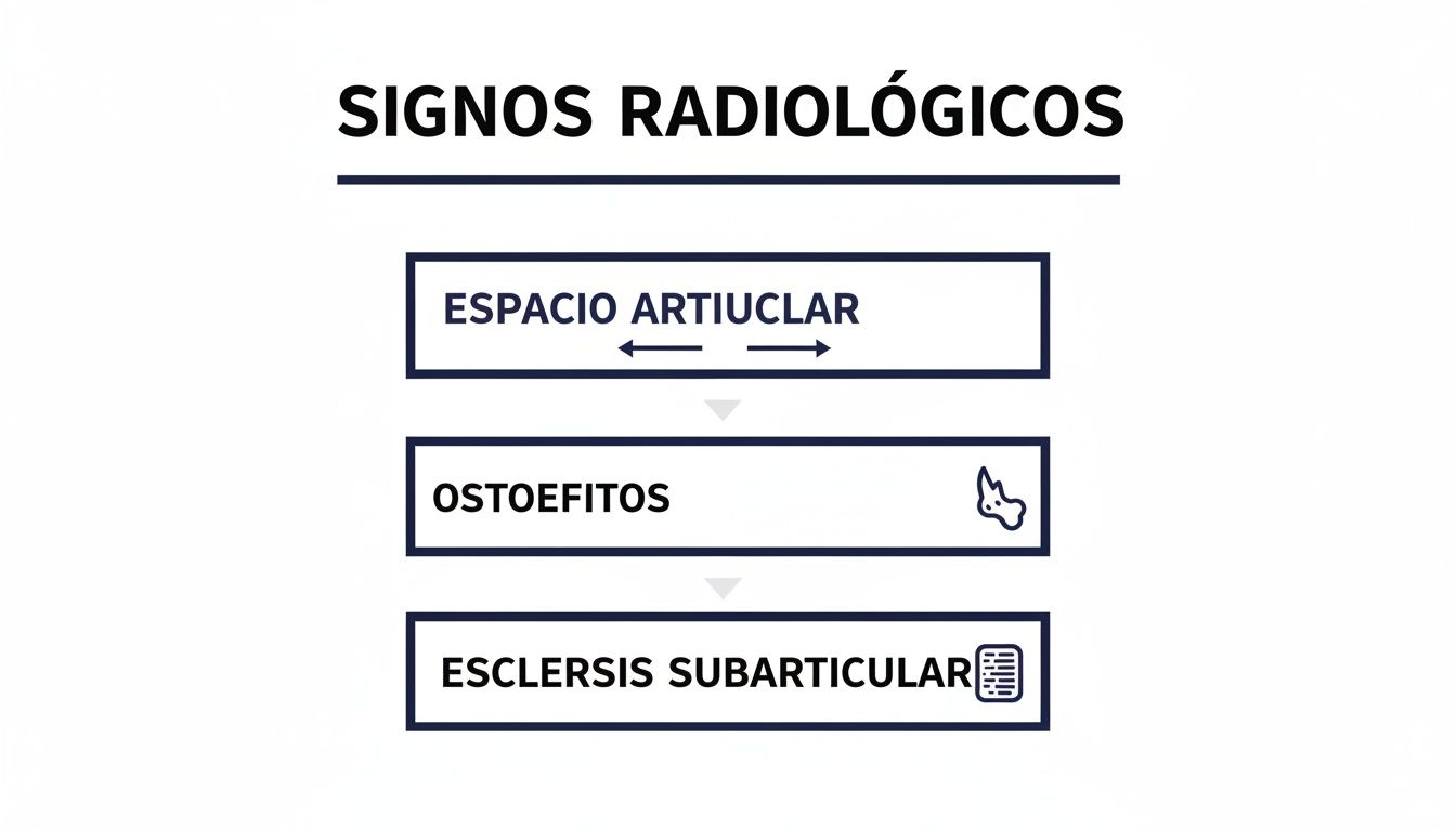 Diagrama que muestra los signos radiológicos clave: espacio articular, osteofitos y esclerosis subarticular.